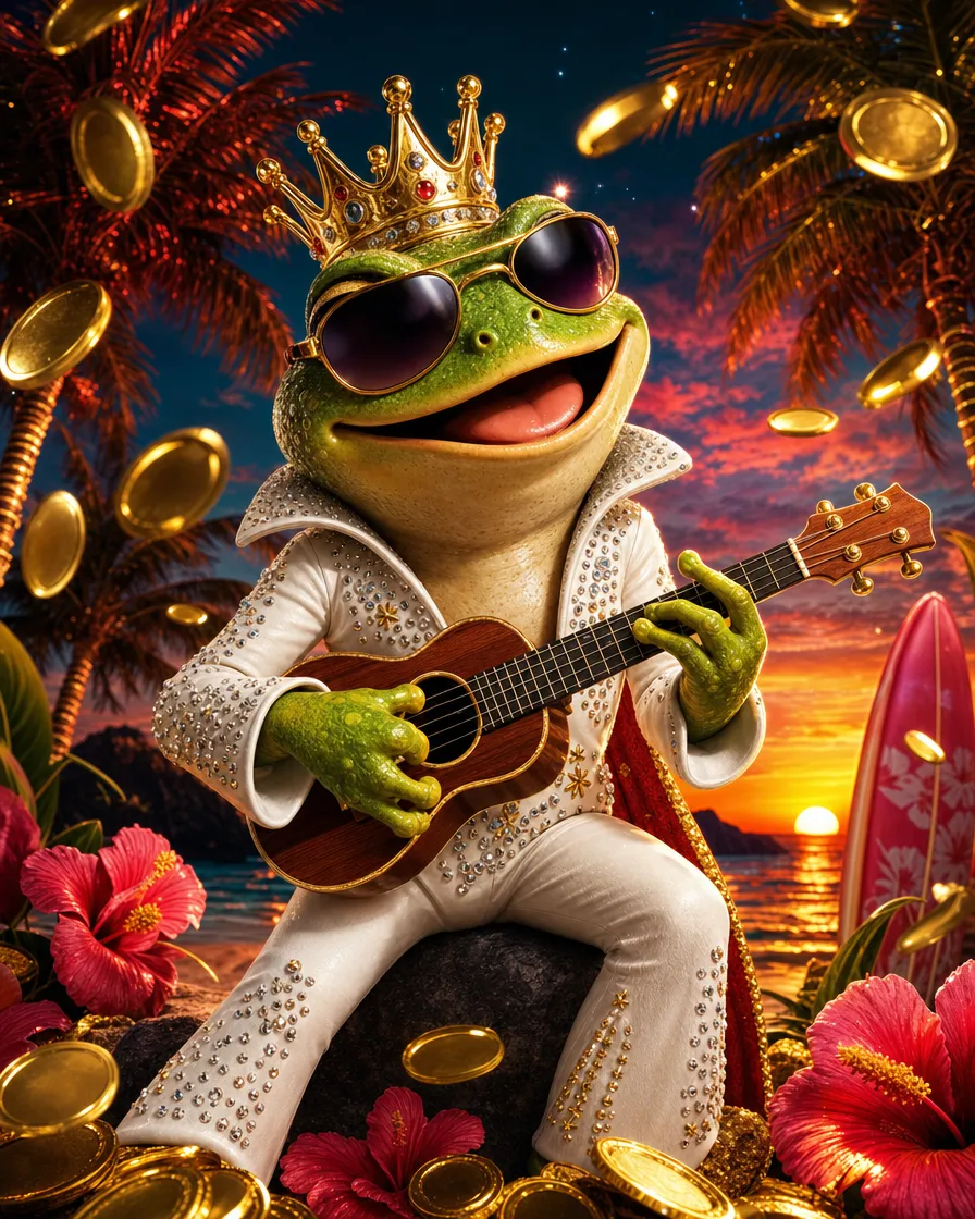 Az Aloha King Elvis slot borítója tengerparttal és ukulelével