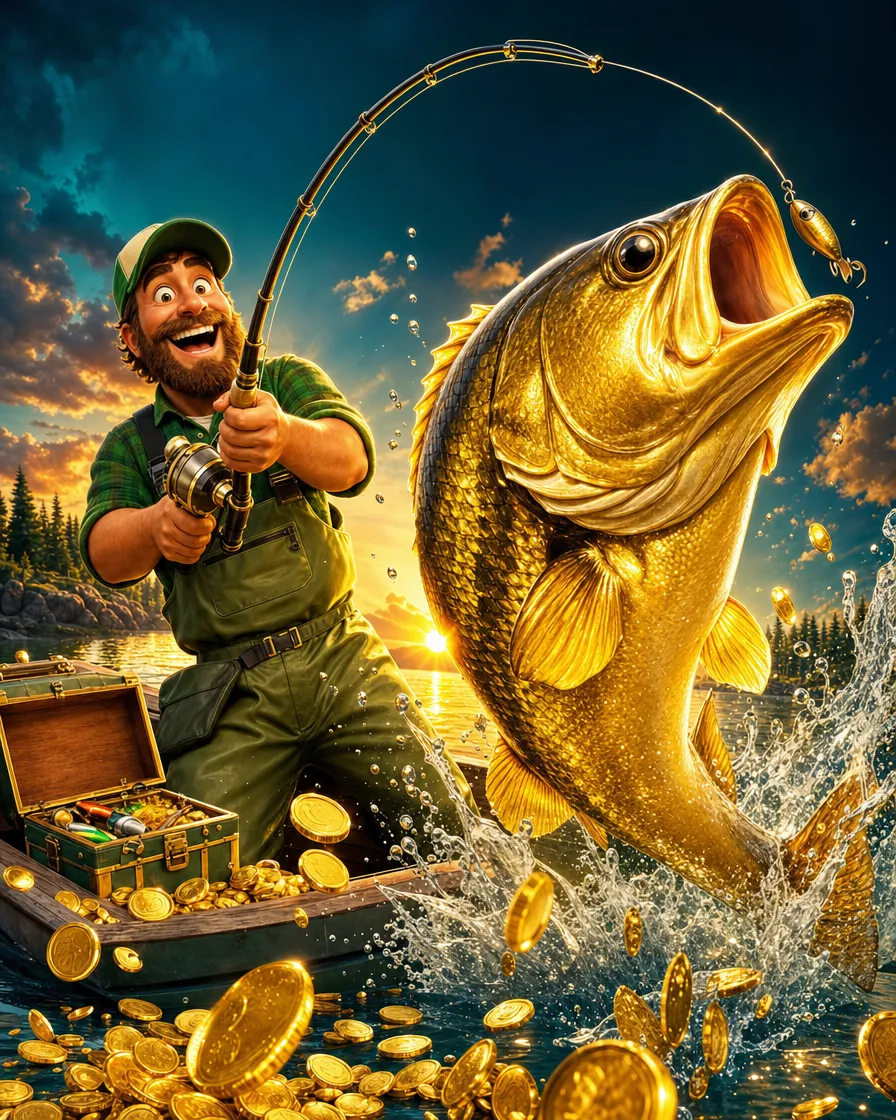 A Big Bass Bonanza slot borítója a horgásszal és az arany hallal