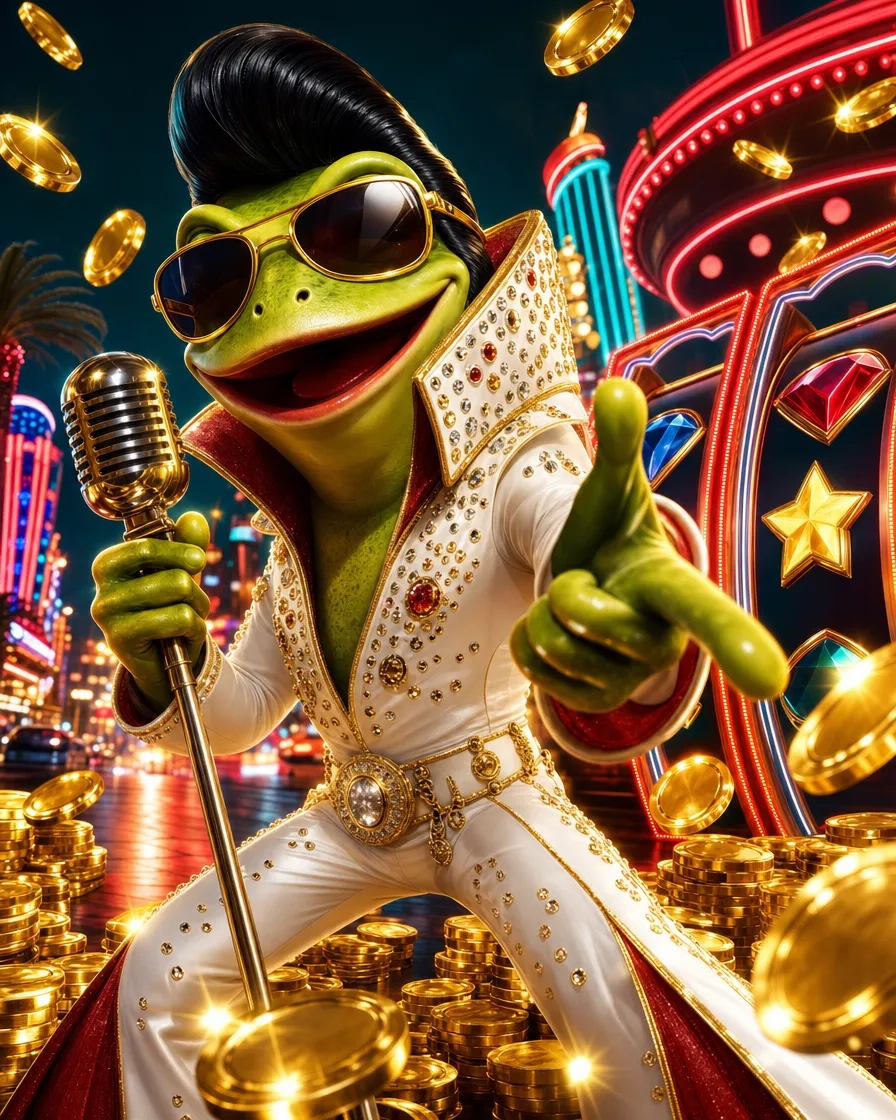 Az Elvis Frog in Vegas slot borítója az éneklő békával Las Vegasban