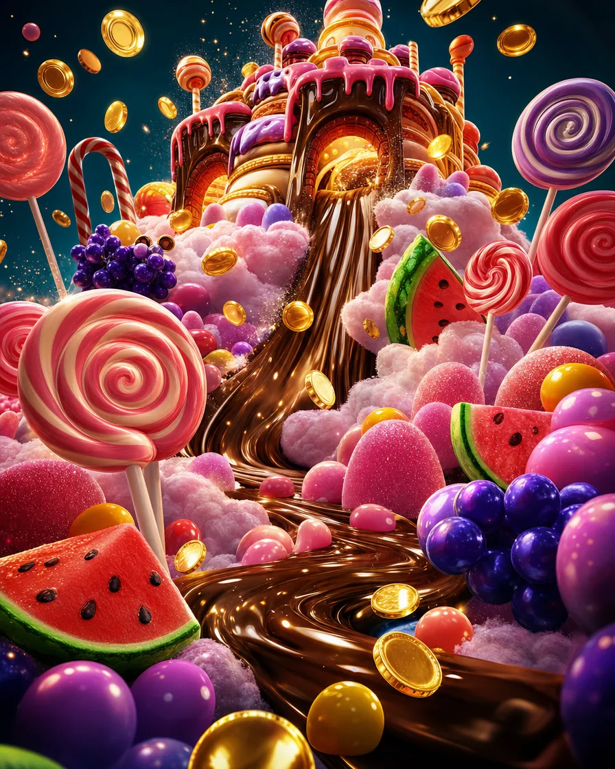 A Sweet Bonanza slot borítója édességekkel és színes gyümölcsökkel